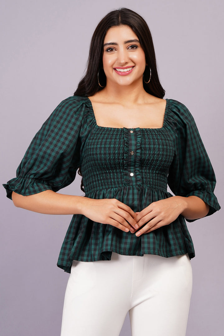 MINGLAY Woman Green Poly Cotton Checked 3/4 Sleevee Square Neck A-line Blouse