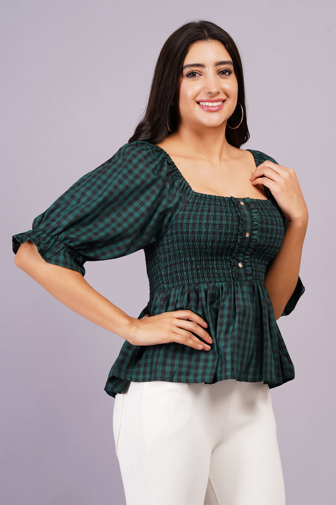 MINGLAY Woman Green Poly Cotton Checked 3/4 Sleevee Square Neck A-line Blouse