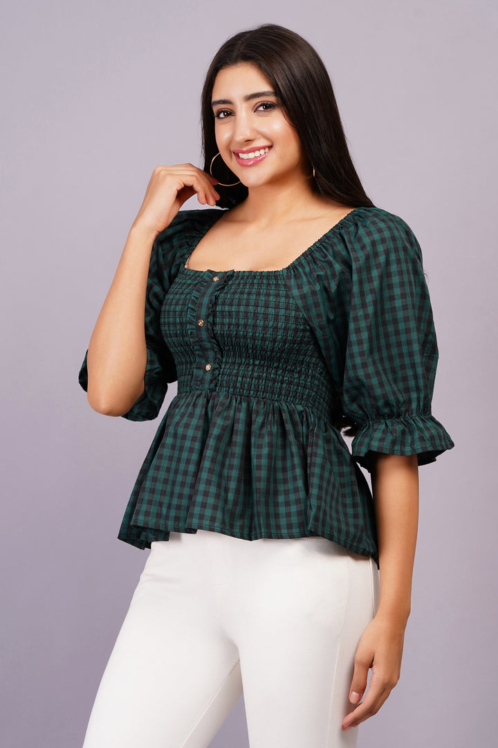 MINGLAY Woman Green Poly Cotton Checked 3/4 Sleevee Square Neck A-line Blouse