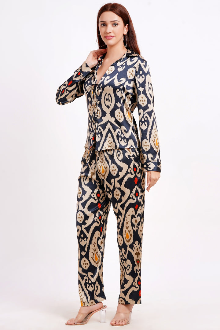 MINGLAY Women Multi Polyester Ikkat Print Full Sleeve Round Neck A-line Cord Set