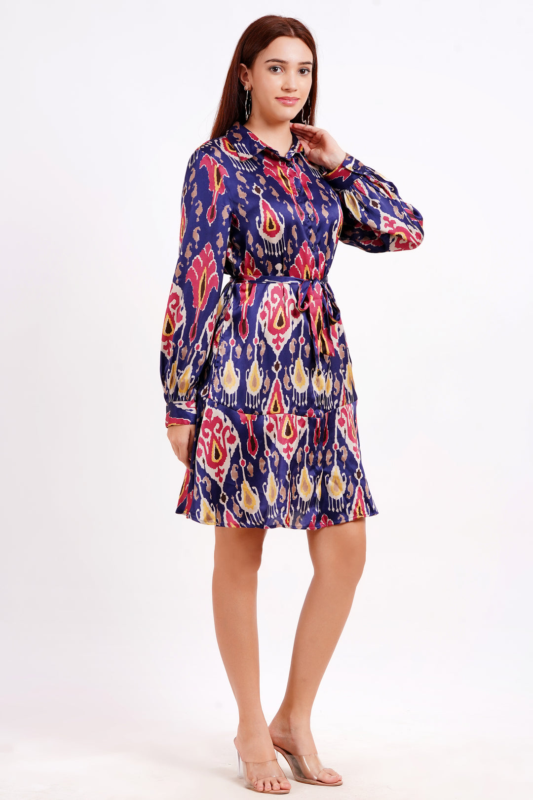 MINGLAY Women Navy Blue Polyester Ikkat Print Full Sleeve Collered A-line Tunic