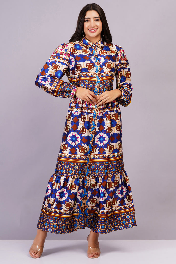 MINGLAY Women Blue Polyester Ikkat Print Full Sleeve Round Neck Flared Dress