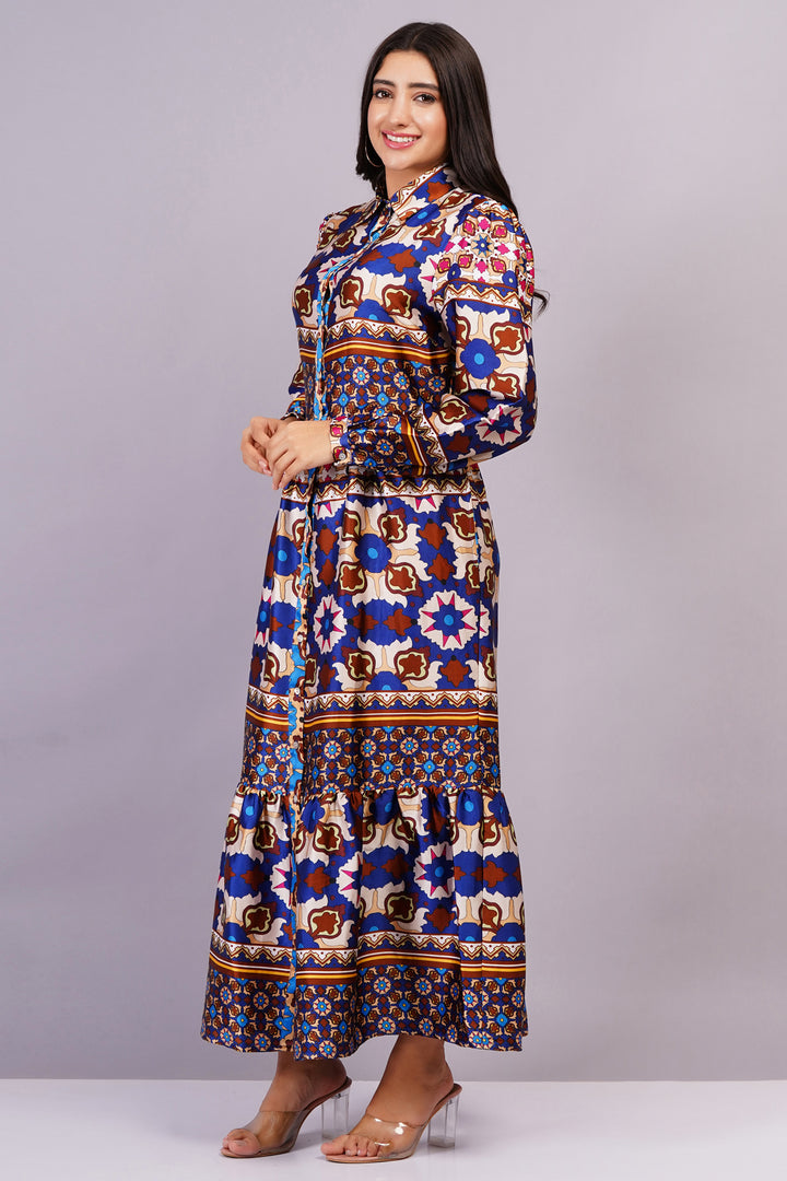 MINGLAY Women Blue Polyester Ikkat Print Full Sleeve Round Neck Flared Dress