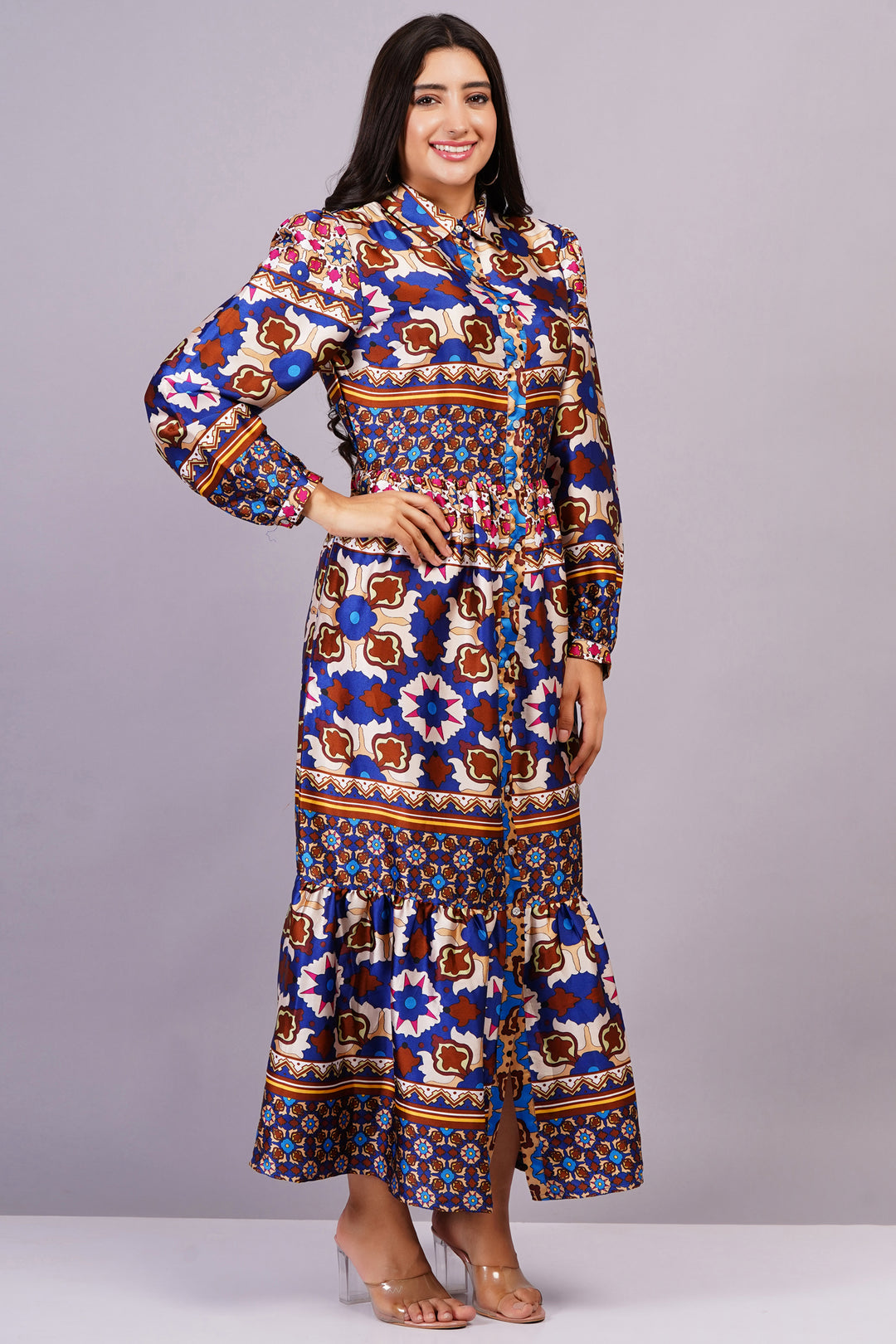 MINGLAY Women Blue Polyester Ikkat Print Full Sleeve Round Neck Flared Dress