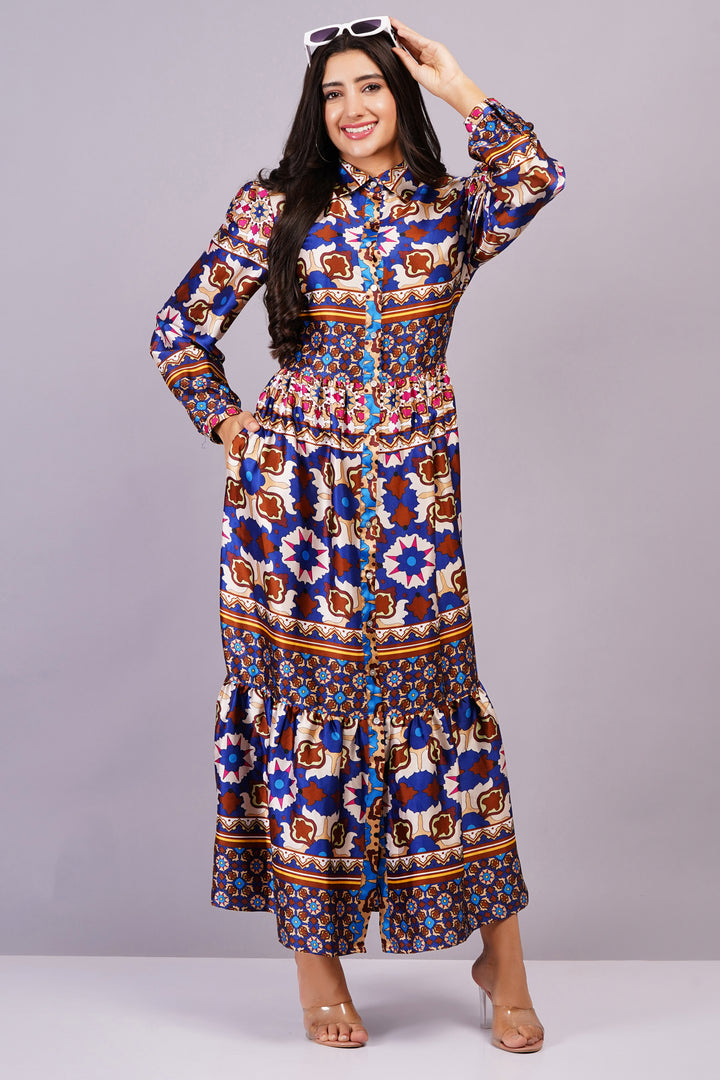 MINGLAY Women Blue Polyester Ikkat Print Full Sleeve Round Neck Flared Dress