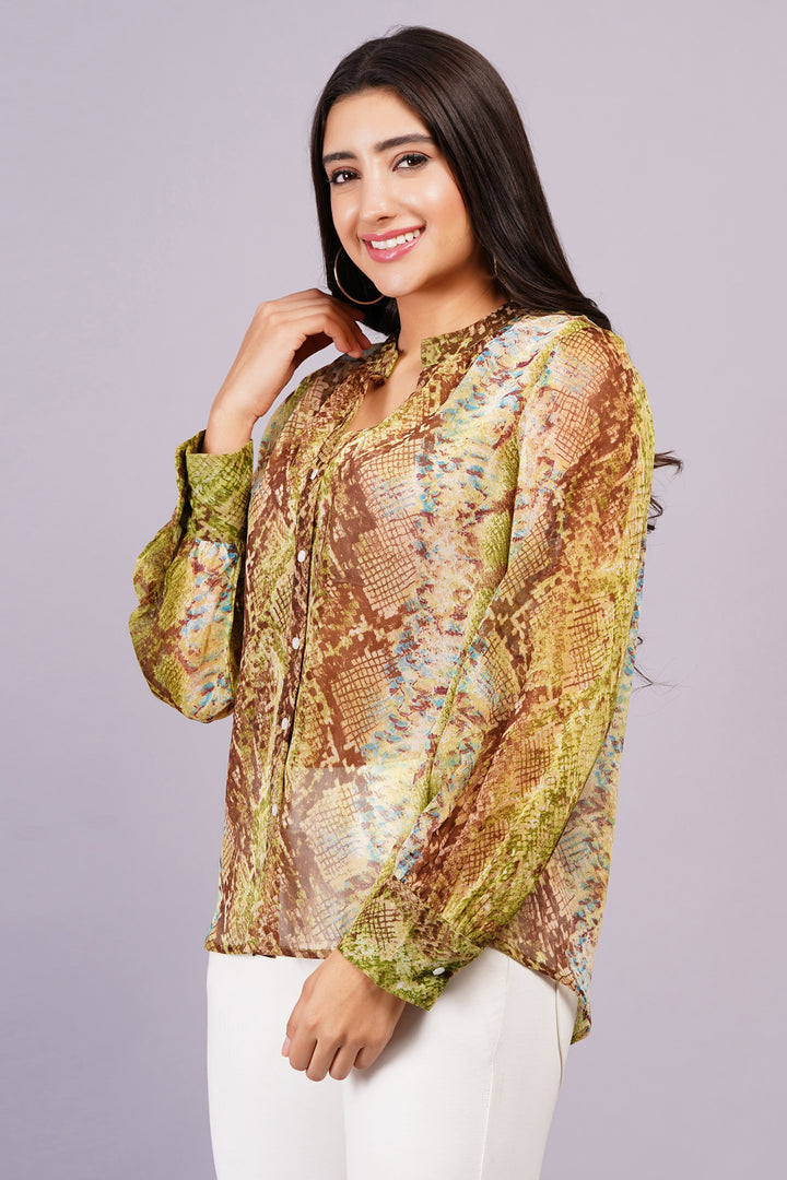 MINGLAY Woman Green Polyester Sneck Print Full Sleeve V-Neck A-line Blouse