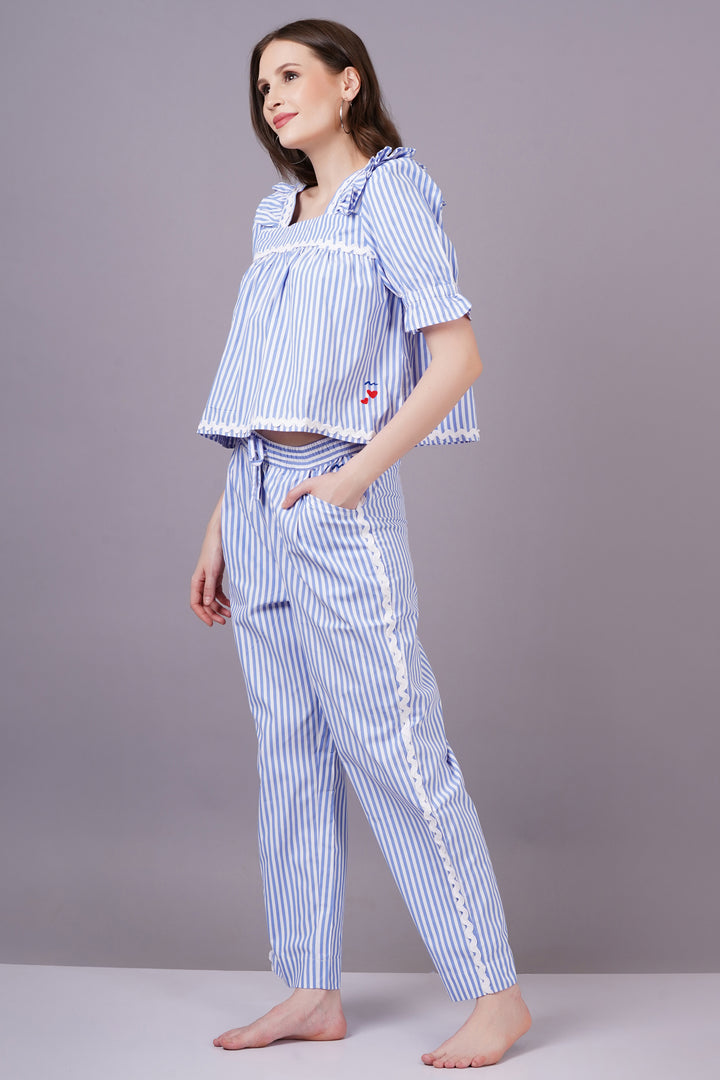 MINGLAY  Woman Blue Poly Cotton Stripe Half Sleeve Square Neck A-line Cor-set