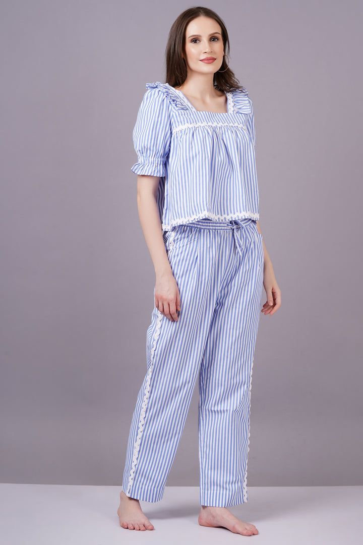 MINGLAY  Woman Blue Poly Cotton Stripe Half Sleeve Square Neck A-line Cor-set