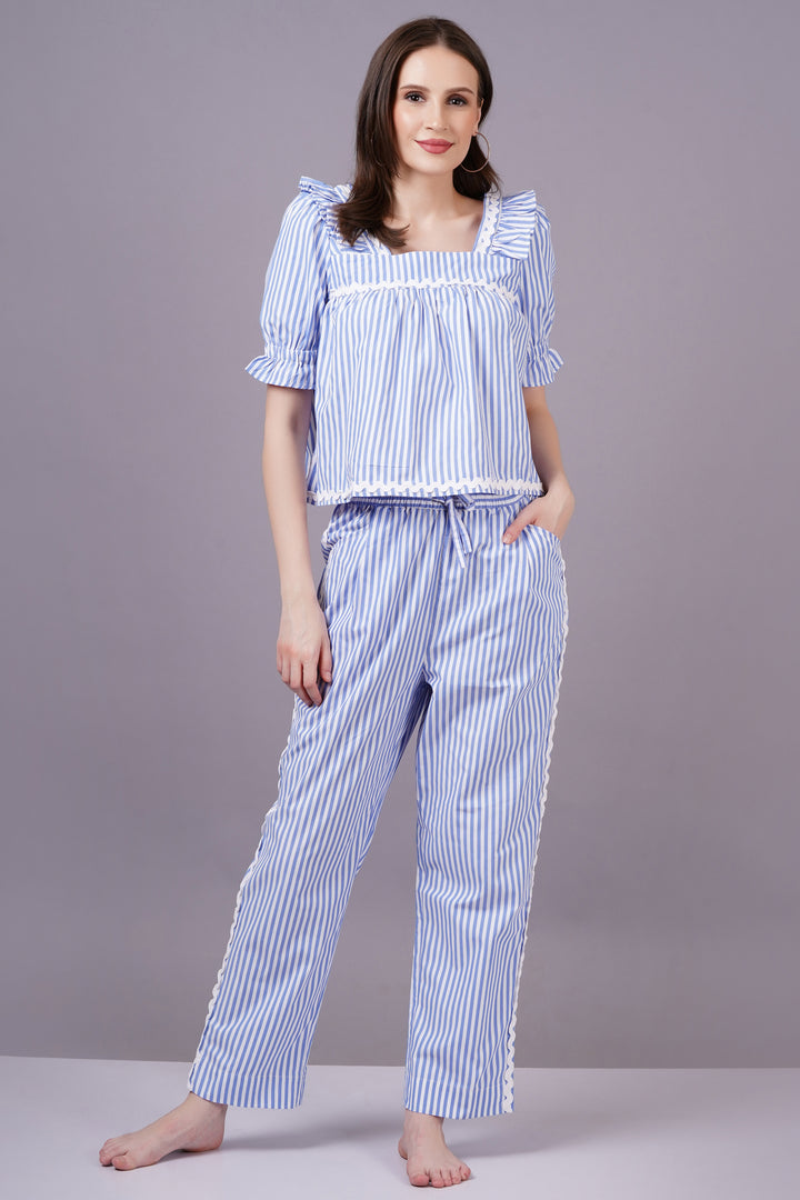 MINGLAY  Woman Blue Poly Cotton Stripe Half Sleeve Square Neck A-line Cor-set