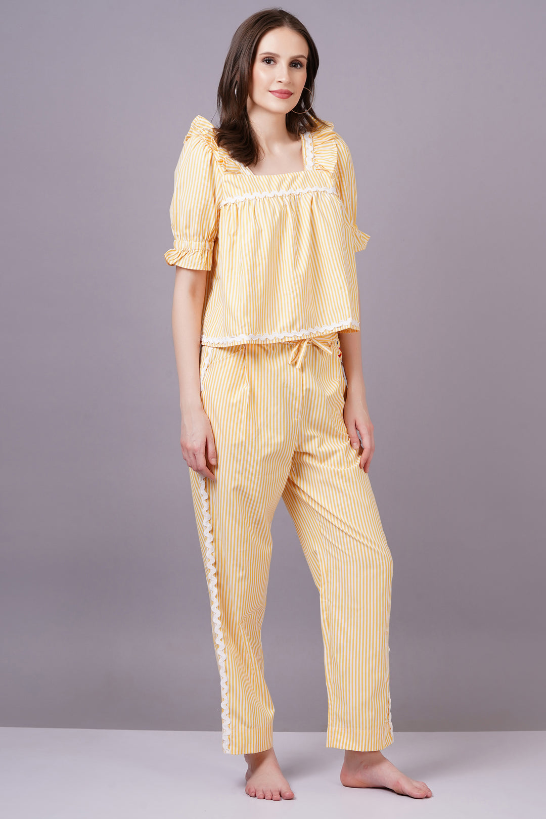 MINGLAY  Woman Yellow Poly Cotton Stripe Half Sleeve Square Neck A-line Cor-set