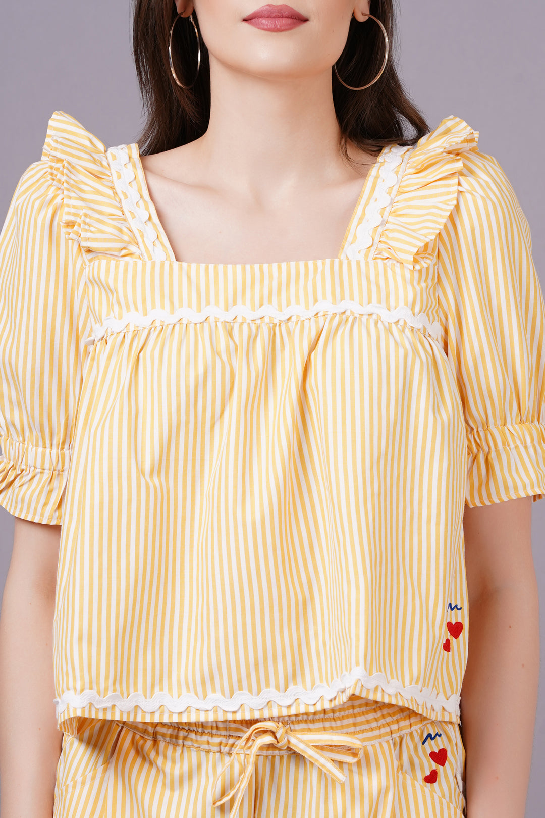 MINGLAY  Woman Yellow Poly Cotton Stripe Half Sleeve Square Neck A-line Cor-set