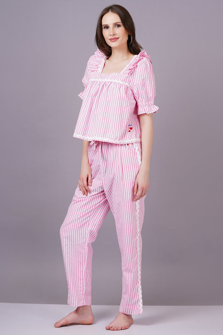 MINGLAY  Woman Pink Poly Cotton Stripe Half Sleeve Square Neck A-line Cor-set