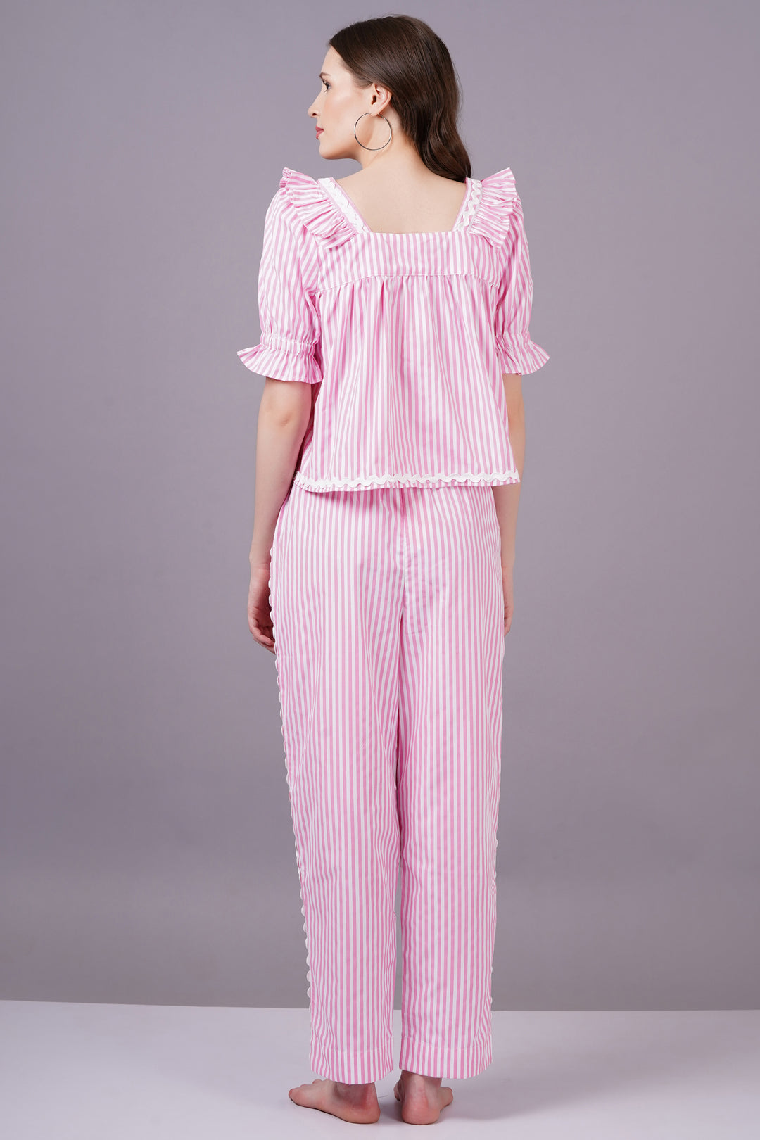 MINGLAY  Woman Pink Poly Cotton Stripe Half Sleeve Square Neck A-line Cor-set