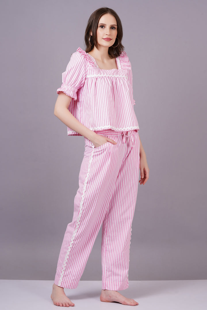 MINGLAY  Woman Pink Poly Cotton Stripe Half Sleeve Square Neck A-line Cor-set