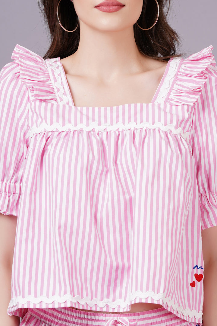 MINGLAY  Woman Pink Poly Cotton Stripe Half Sleeve Square Neck A-line Cor-set