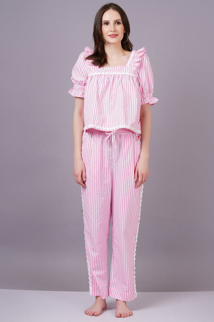 MINGLAY  Woman Pink Poly Cotton Stripe Half Sleeve Square Neck A-line Cor-set