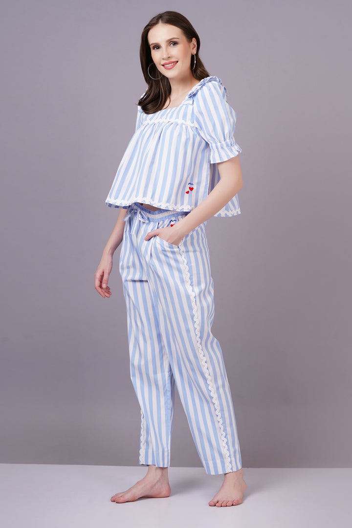 MINGLAY  Woman Blue Poly Cotton Stripe Half Sleeve Square Neck A-line Cor-Set