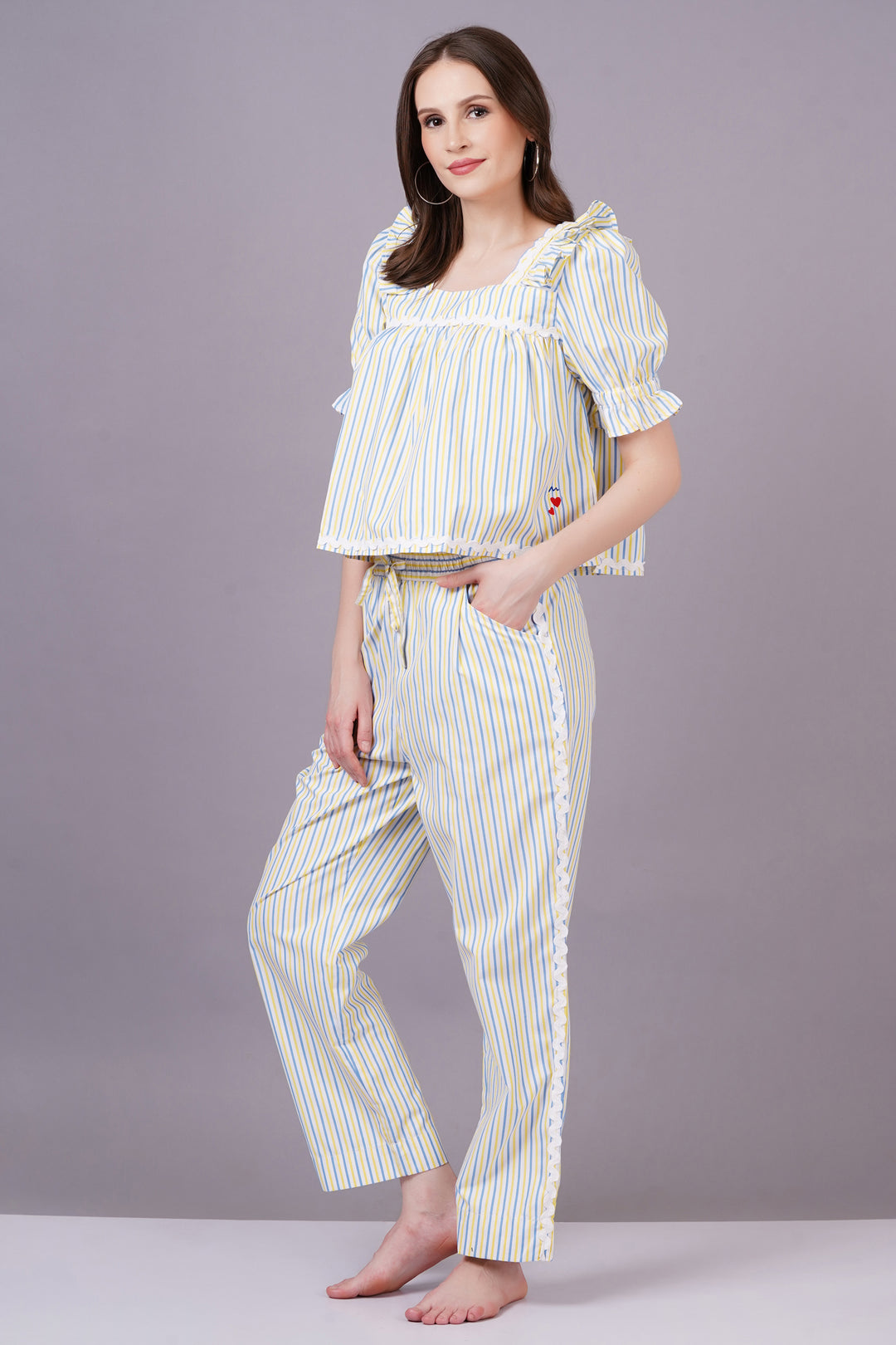 MINGLAY  Woman Multi Poly Cotton Stripe Half Sleeve Square Neck A-line Cor-set