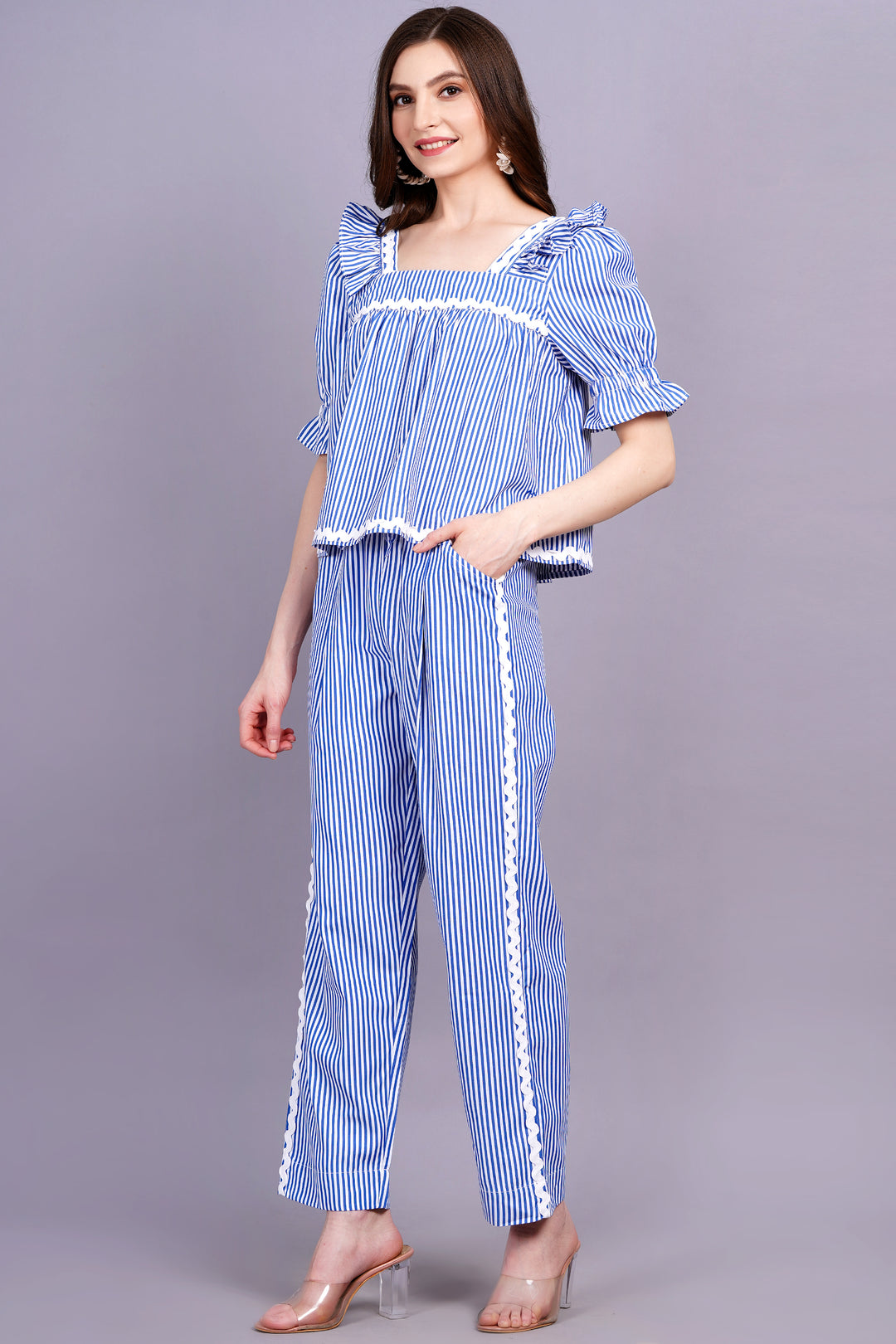 MINGLAY  Woman Blue Poly Cotton Stripe Half Sleeve Square Neck A-line Cor-set