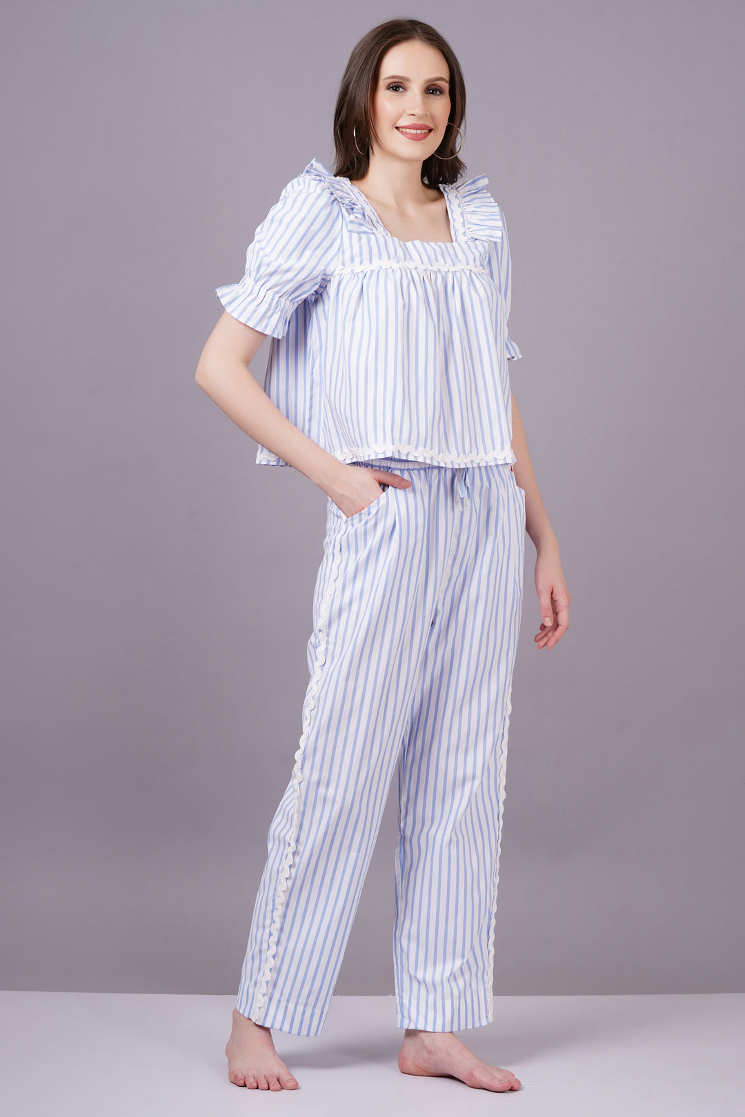 MINGLAY  Woman Blue Poly Cotton Stripe Half Sleeve Square Neck A-line Cord Set