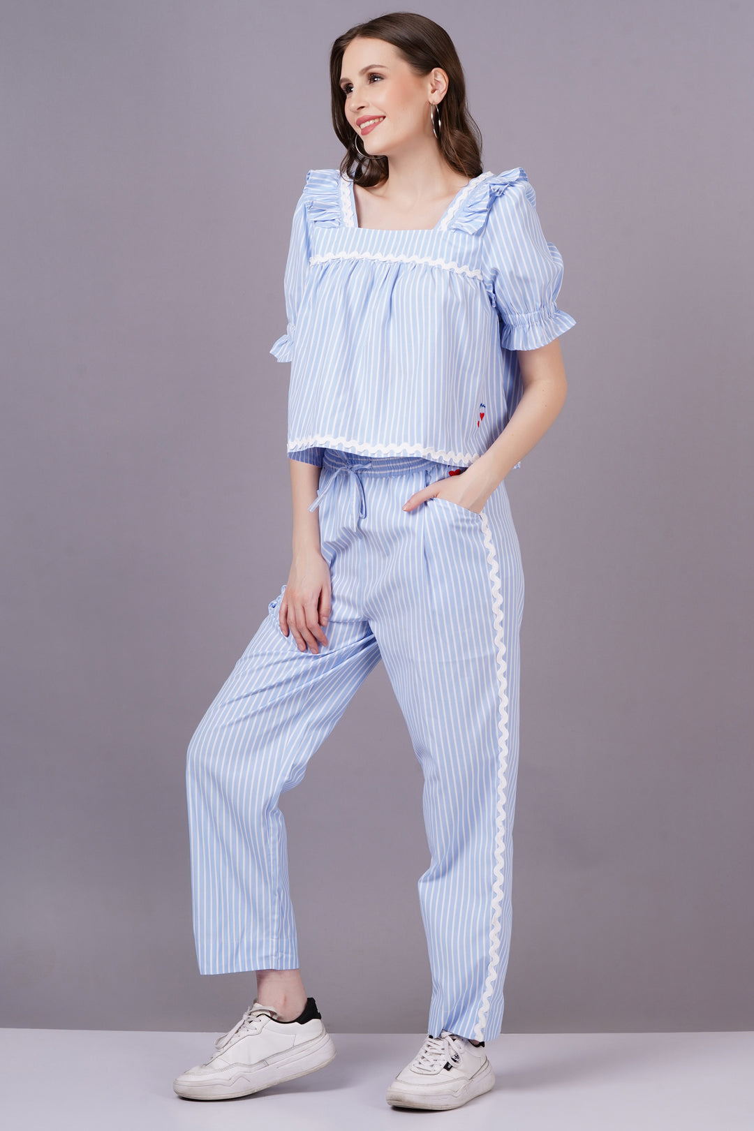 MINGLAY  Woman Blue  Poly Cotton Stripe Half Sleeve Square Neck A-line Cor-set