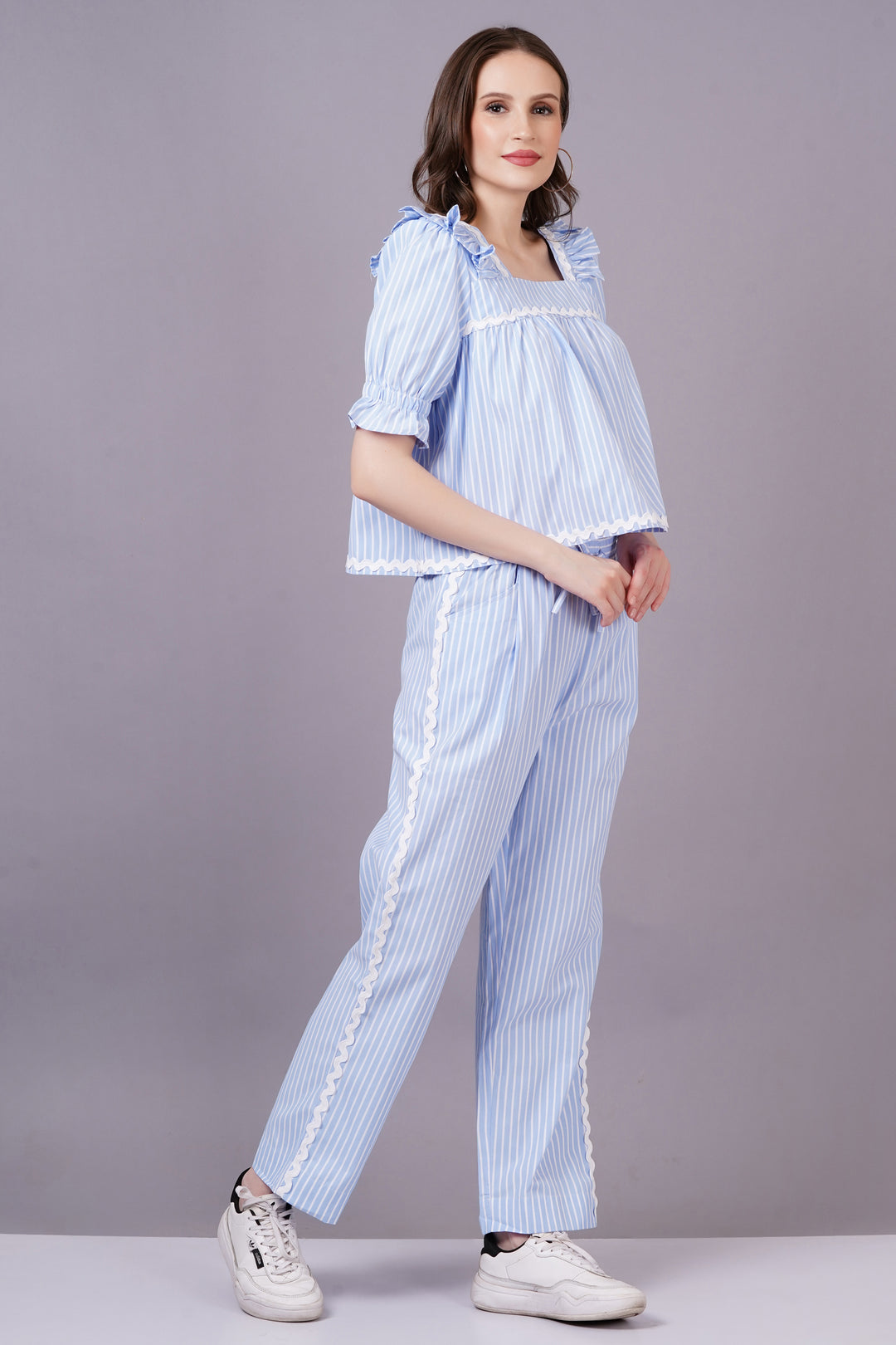 MINGLAY  Woman Blue  Poly Cotton Stripe Half Sleeve Square Neck A-line Cor-set