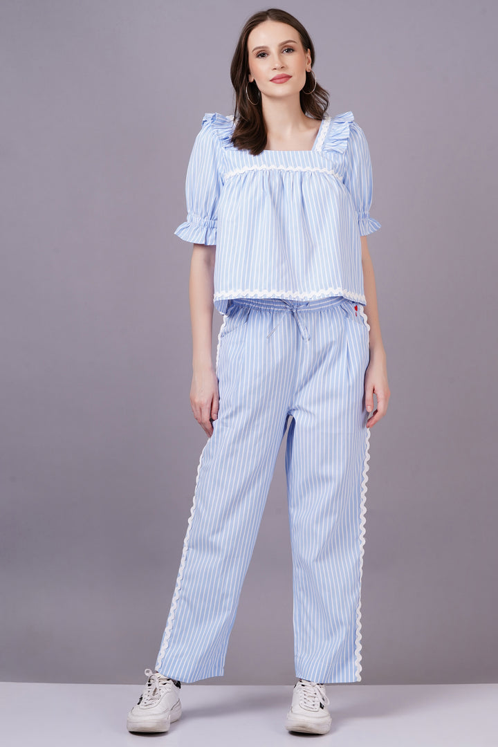 MINGLAY  Woman Blue  Poly Cotton Stripe Half Sleeve Square Neck A-line Cor-set