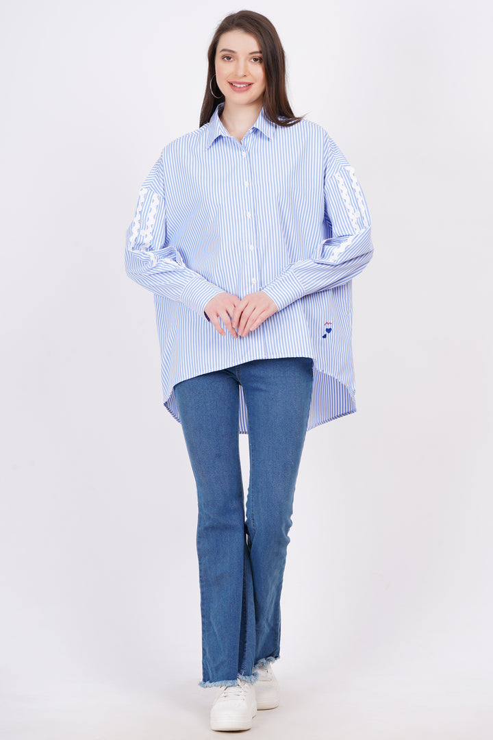 MINGLAY Women Sky Blue Poly Cotton Stripe Full Sleeve Collered A-Line Shirt