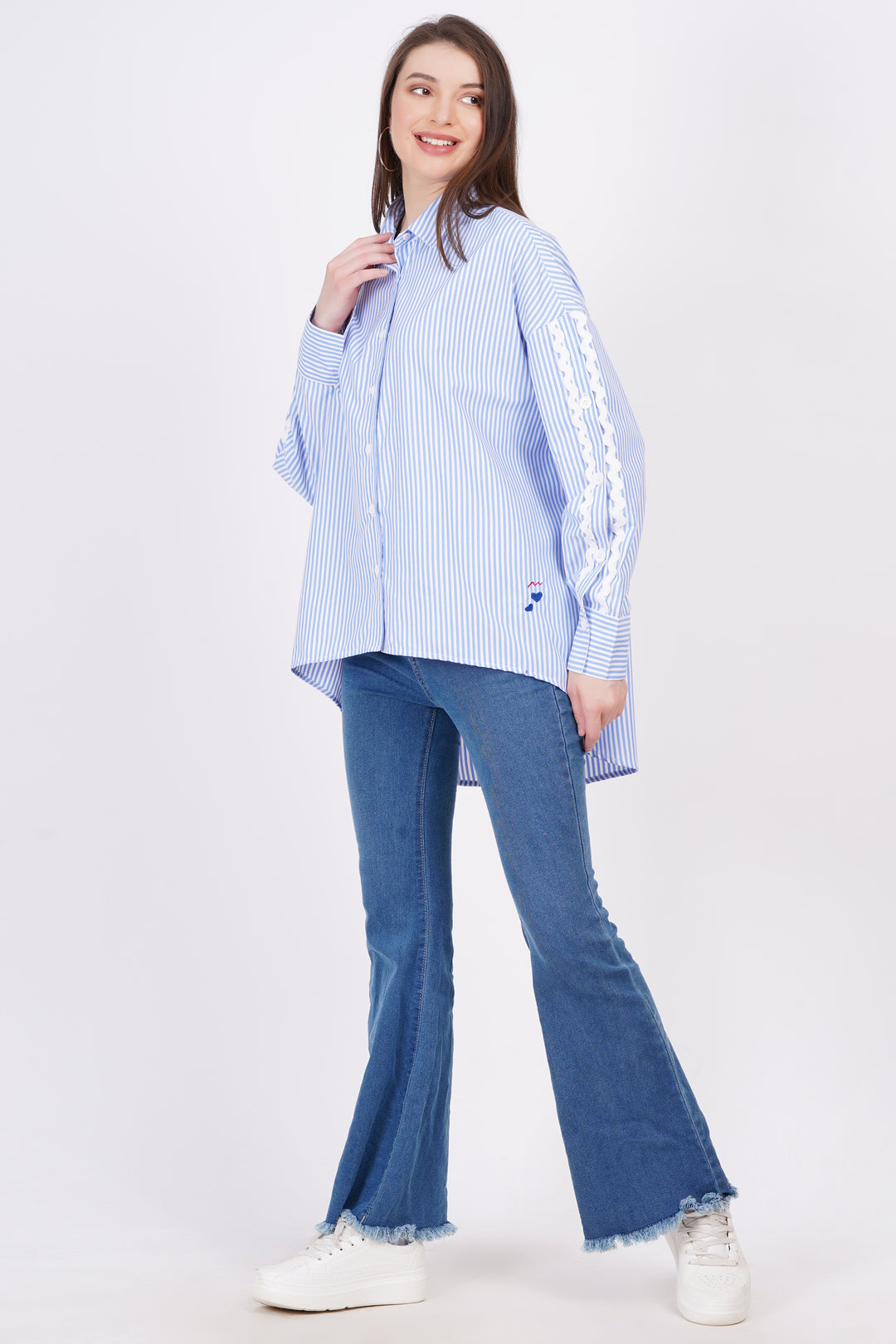 MINGLAY Women Sky Blue Poly Cotton Stripe Full Sleeve Collered A-Line Shirt