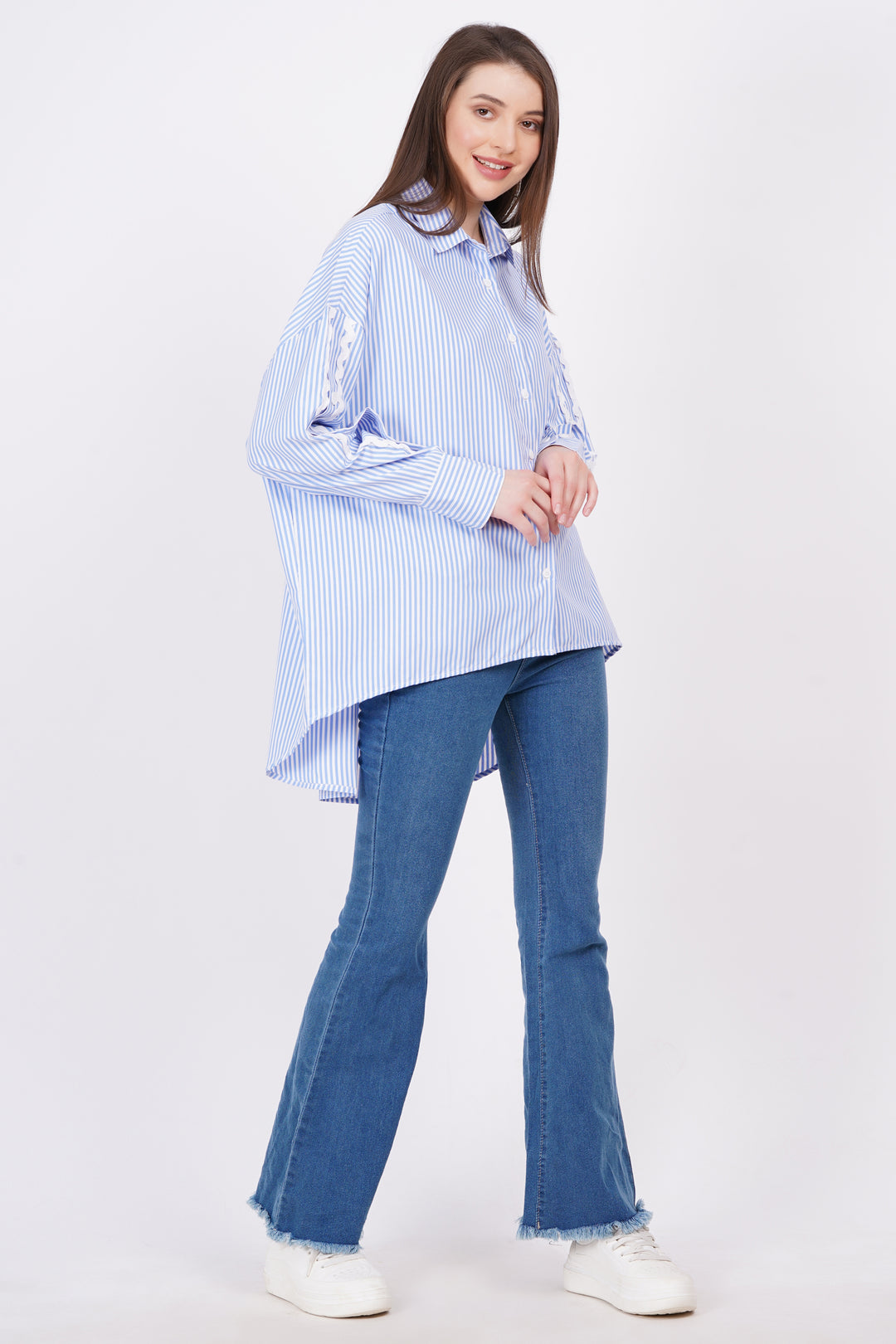 MINGLAY Women Sky Blue Poly Cotton Stripe Full Sleeve Collered A-Line Shirt