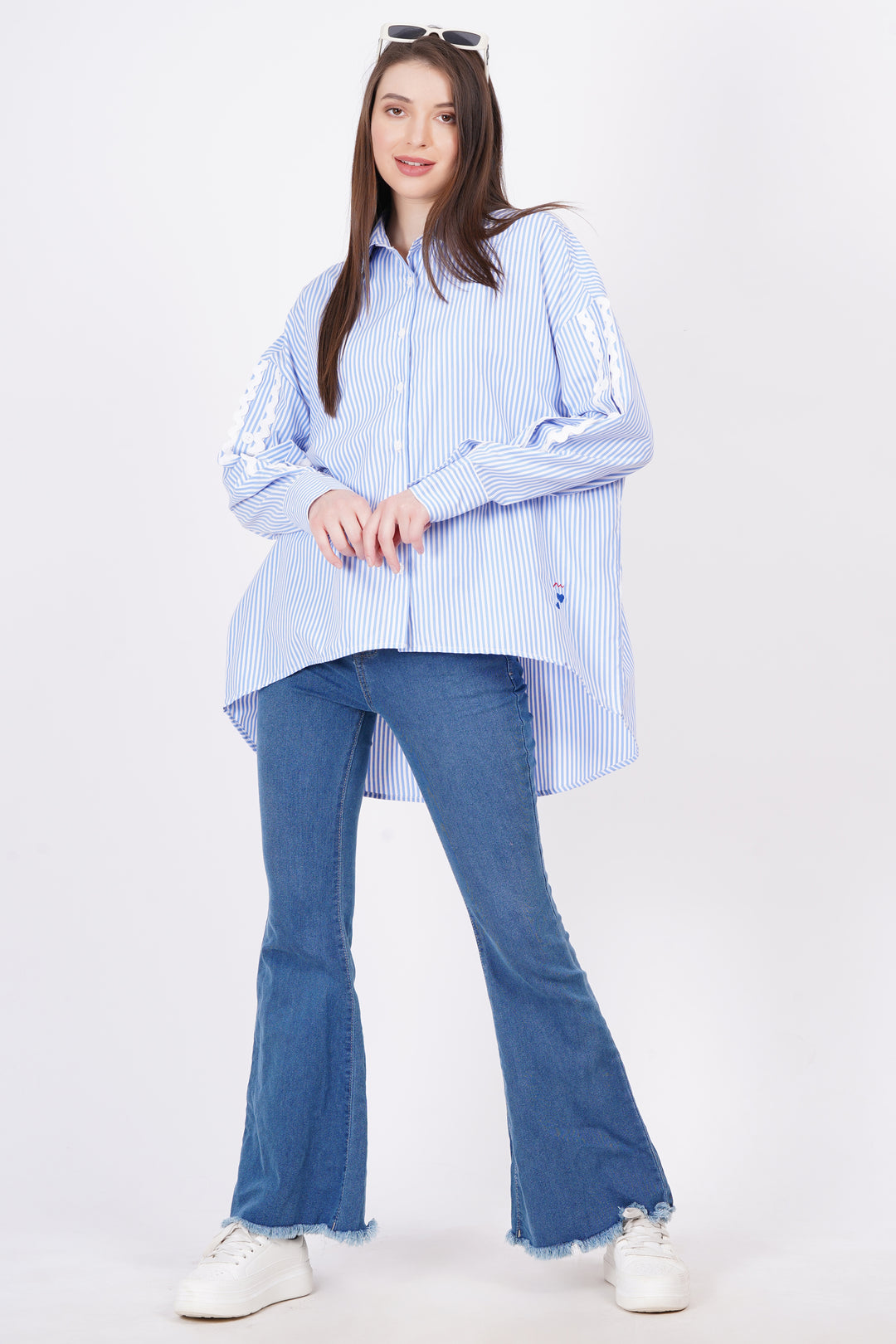 MINGLAY Women Sky Blue Poly Cotton Stripe Full Sleeve Collered A-Line Shirt