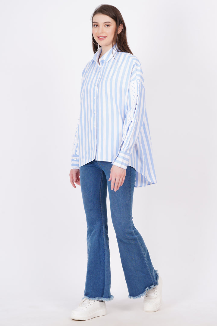 MINGLAY Women Light Blue Poly Cotton Stripe Full Sleeve Collered A-Line Shirt