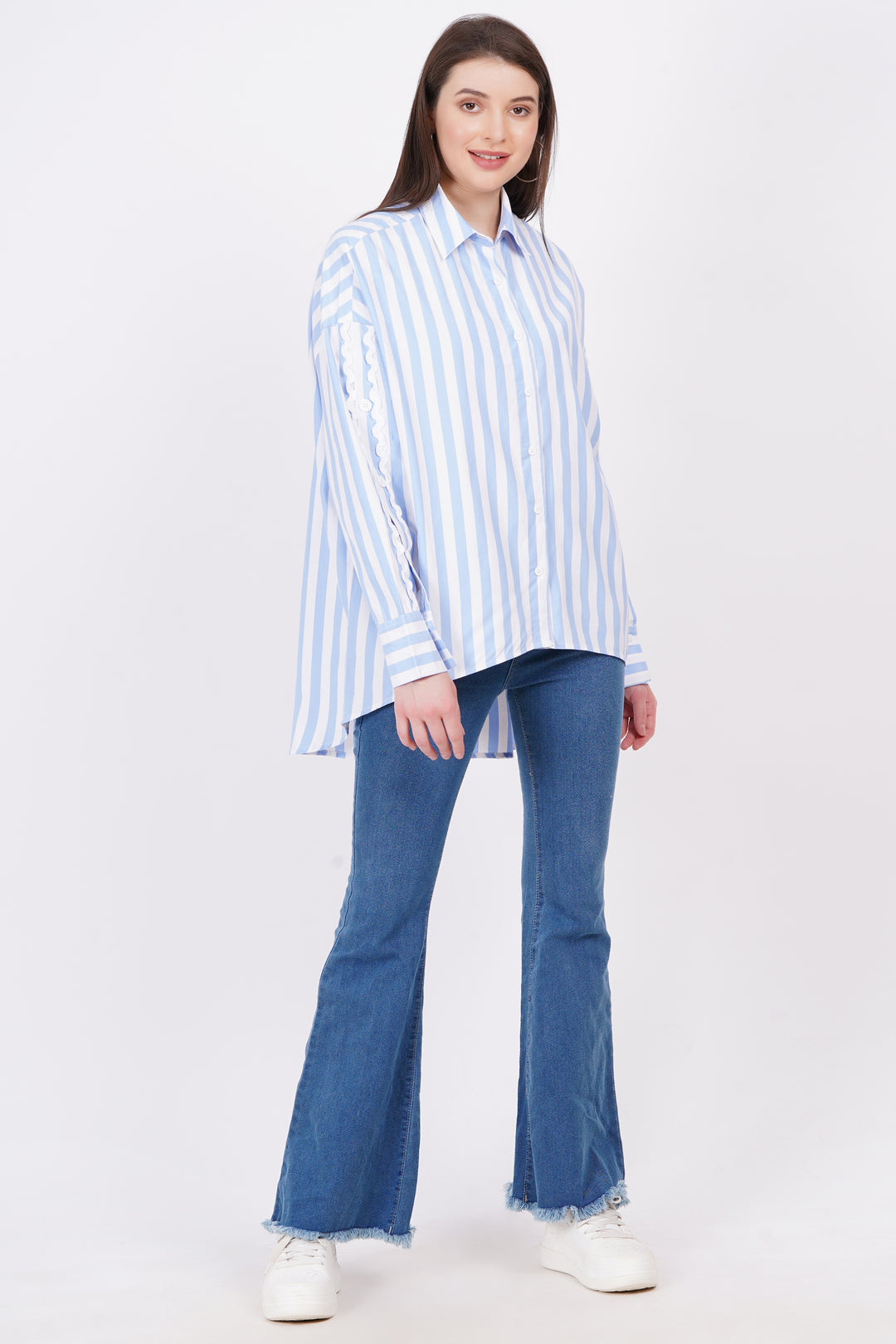 MINGLAY Women Light Blue Poly Cotton Stripe Full Sleeve Collered A-Line Shirt