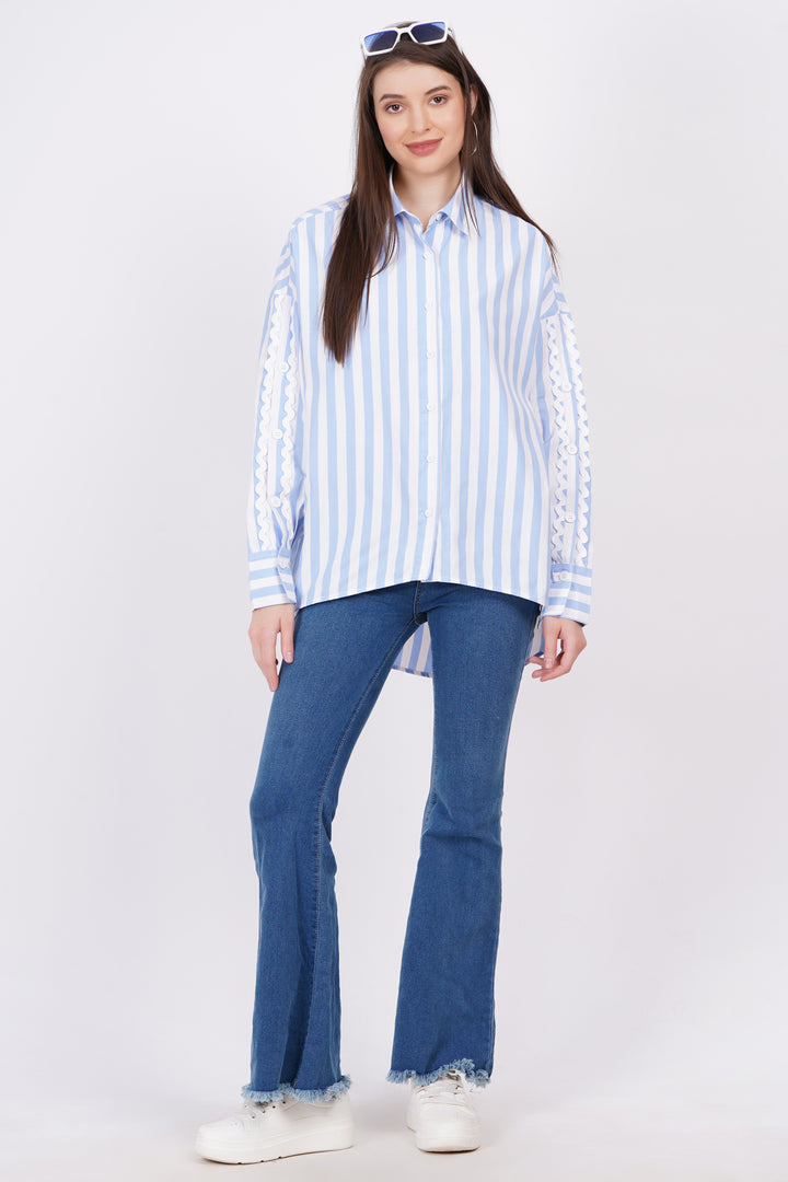 MINGLAY Women Light Blue Poly Cotton Stripe Full Sleeve Collered A-Line Shirt