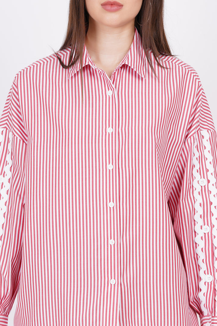 MINGLAY Women Red Stripe Poly Cotton Stripe Full Sleeve Collered A-Line Shirt