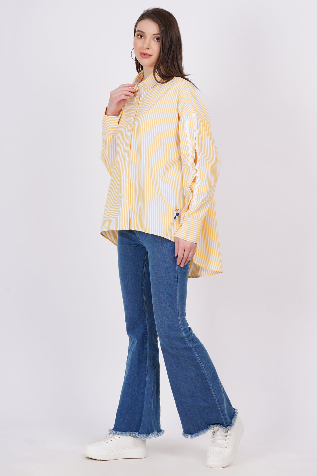 MINGLAY Women Yellow Poly Cotton Stripe Full Sleeve Collered A-Line Shirt