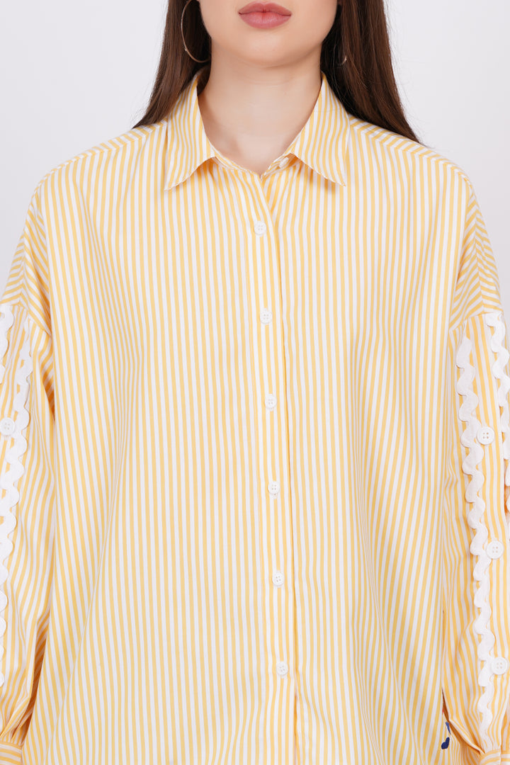 MINGLAY Women Yellow Poly Cotton Stripe Full Sleeve Collered A-Line Shirt