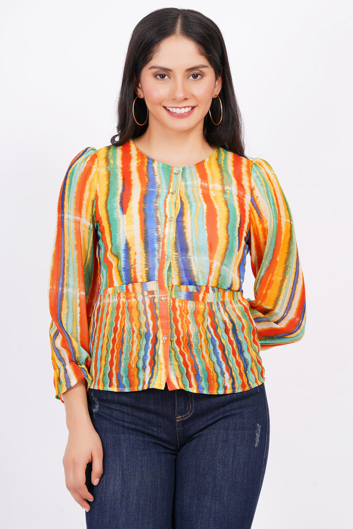 MINGLAY Women Multi Polyester Printed Full Sleeve Round Neck  Blouse