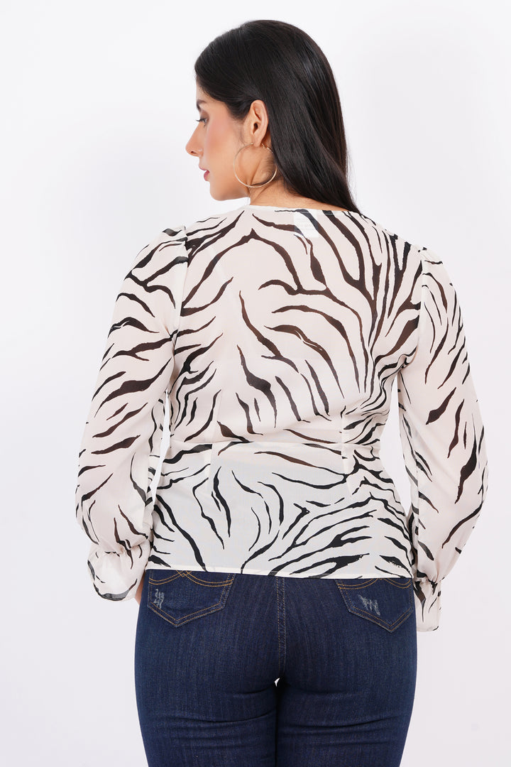 MINGLAY Women White Polyester Animal Print Full Sleeve Round Neck  Blouse