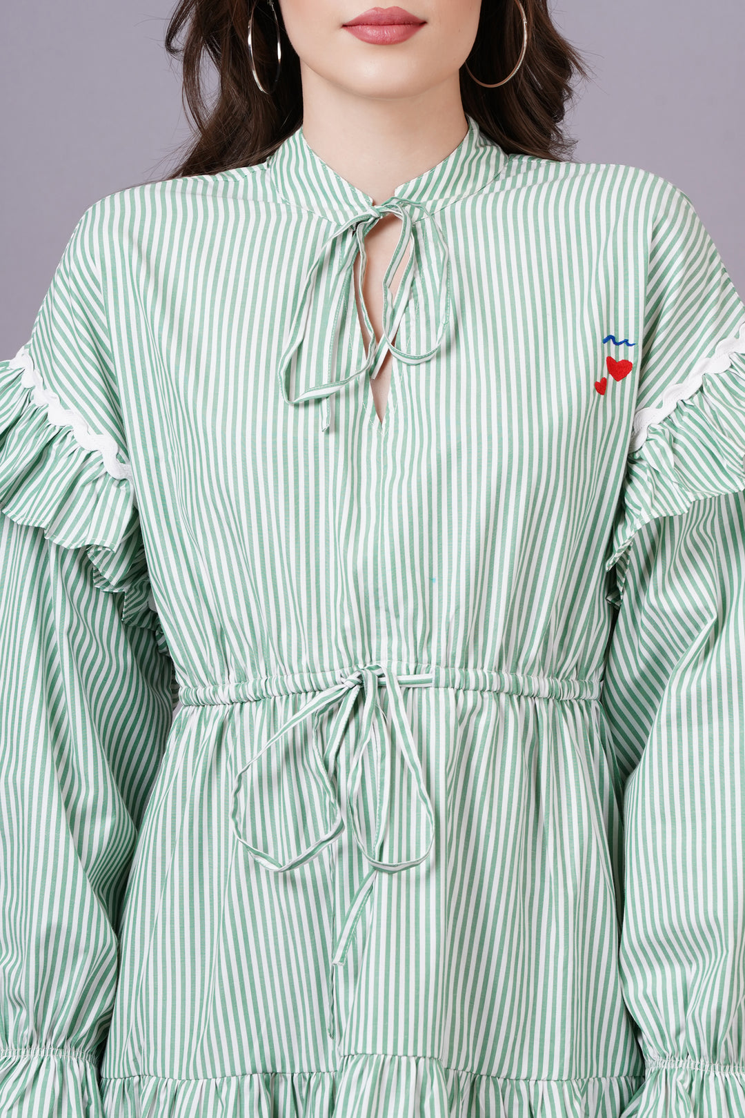 MINGLAY  Woman Green Poly Cotton Stripe Full Sleeve V Neck Flared Dress