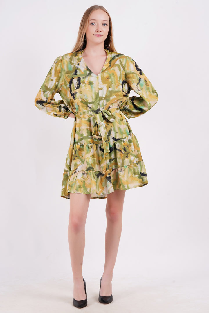 MINGLAY Women Green Polyester Printed Full Sleeve Collered A-Line Tunic