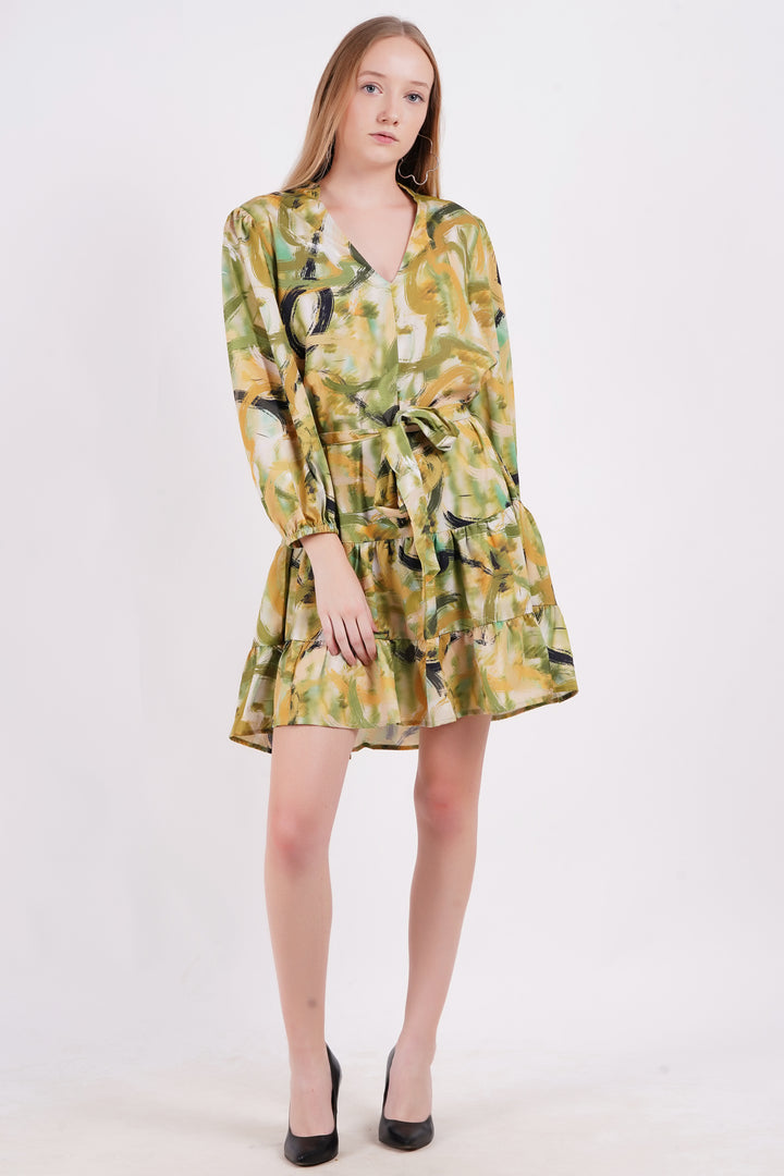 MINGLAY Women Green Polyester Printed Full Sleeve Collered A-Line Tunic