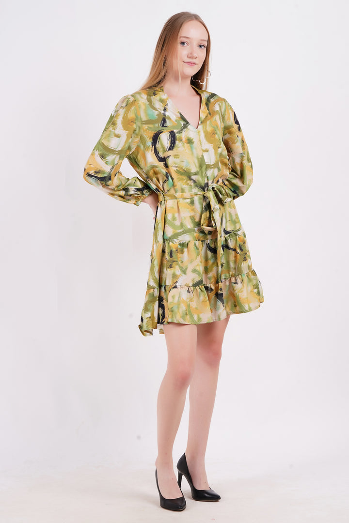 MINGLAY Women Green Polyester Printed Full Sleeve Collered A-Line Tunic