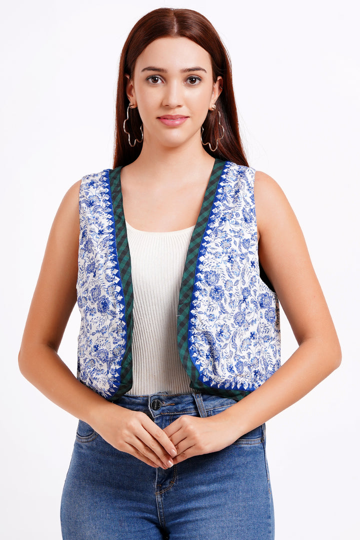 MINGLAY Women Blue Poly Cotton Printed Sleeveless Open Neck  Blouse