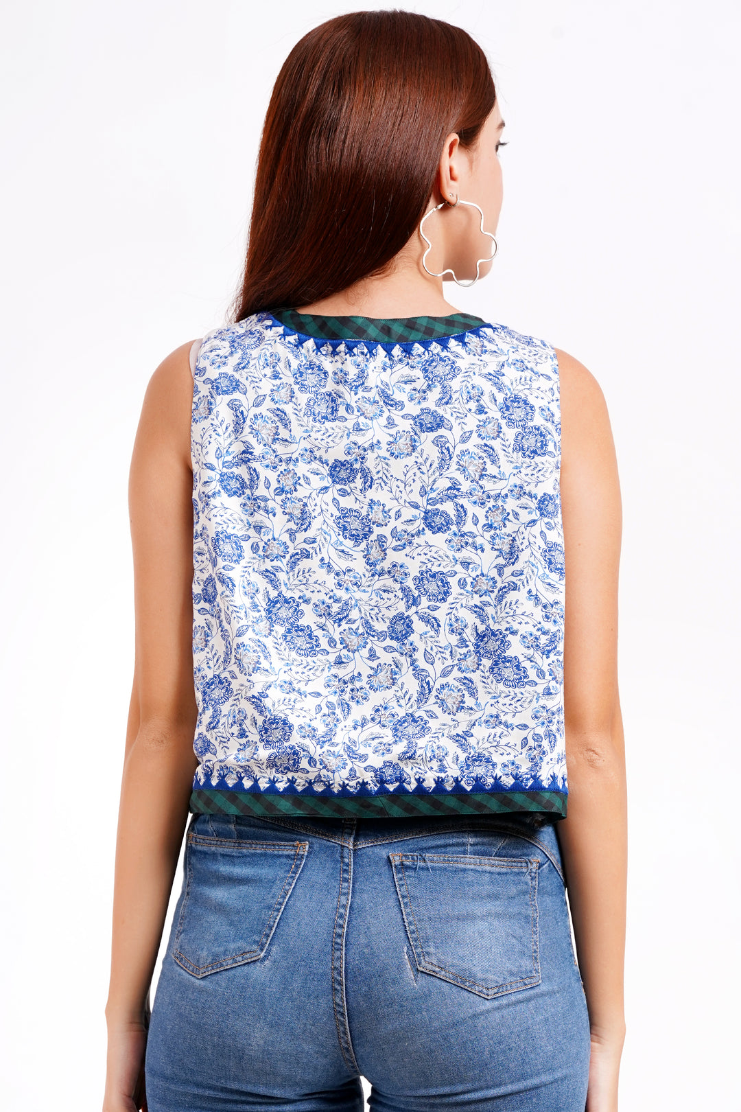 MINGLAY Women Blue Poly Cotton Printed Sleeveless Open Neck  Blouse