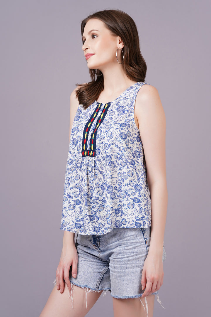 MINGLAY  Woman Blue Rayon Floral Print Sleeveless Round Neck A-line Blouse