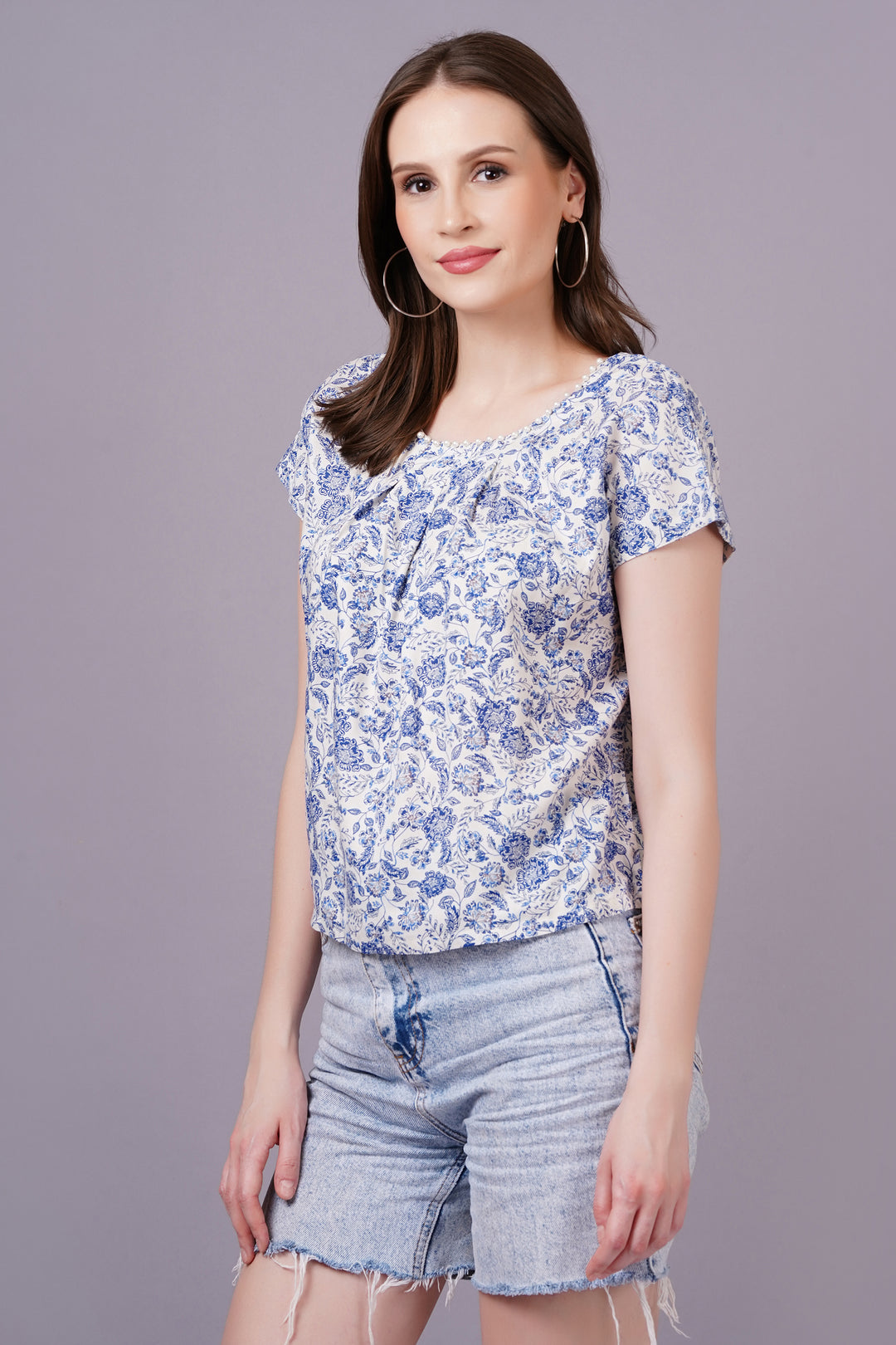 MINGLAY  Woman Blue Rayon Floral Print Short Sleeve Round Neck A-line Blouse