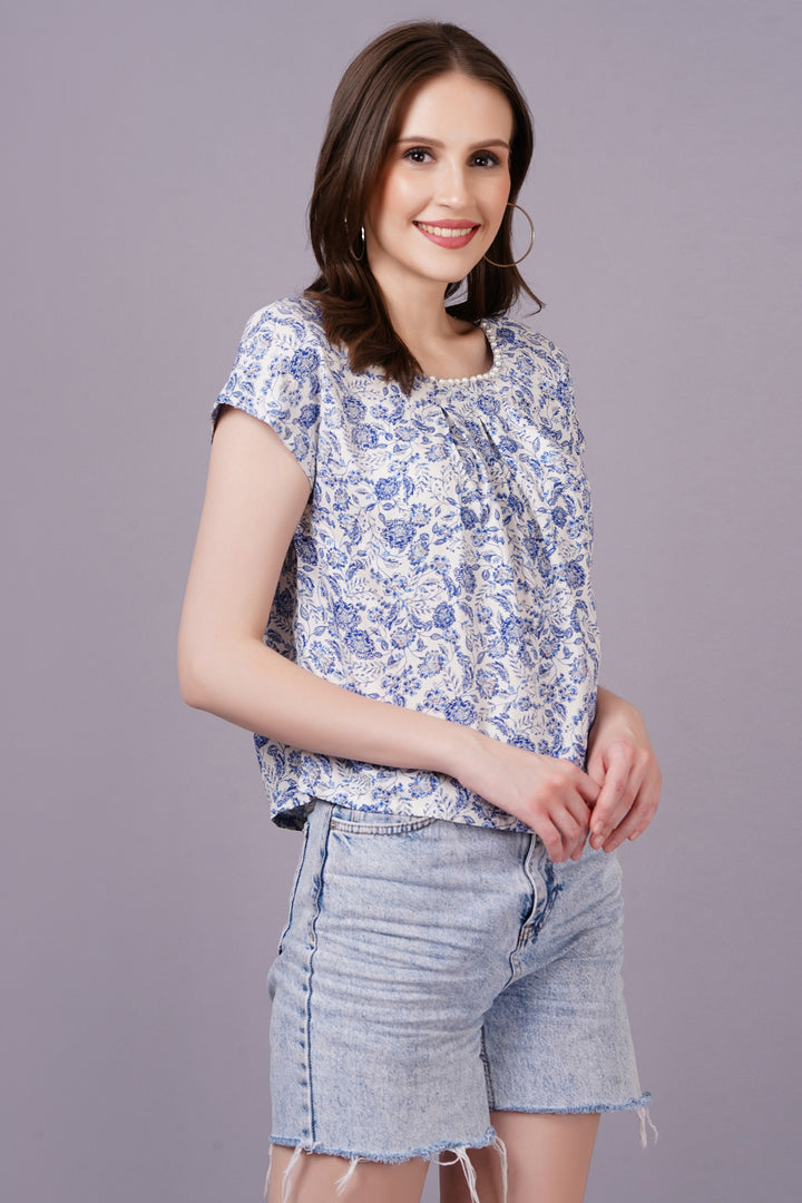 MINGLAY  Woman Blue Rayon Floral Print Short Sleeve Round Neck A-line Blouse