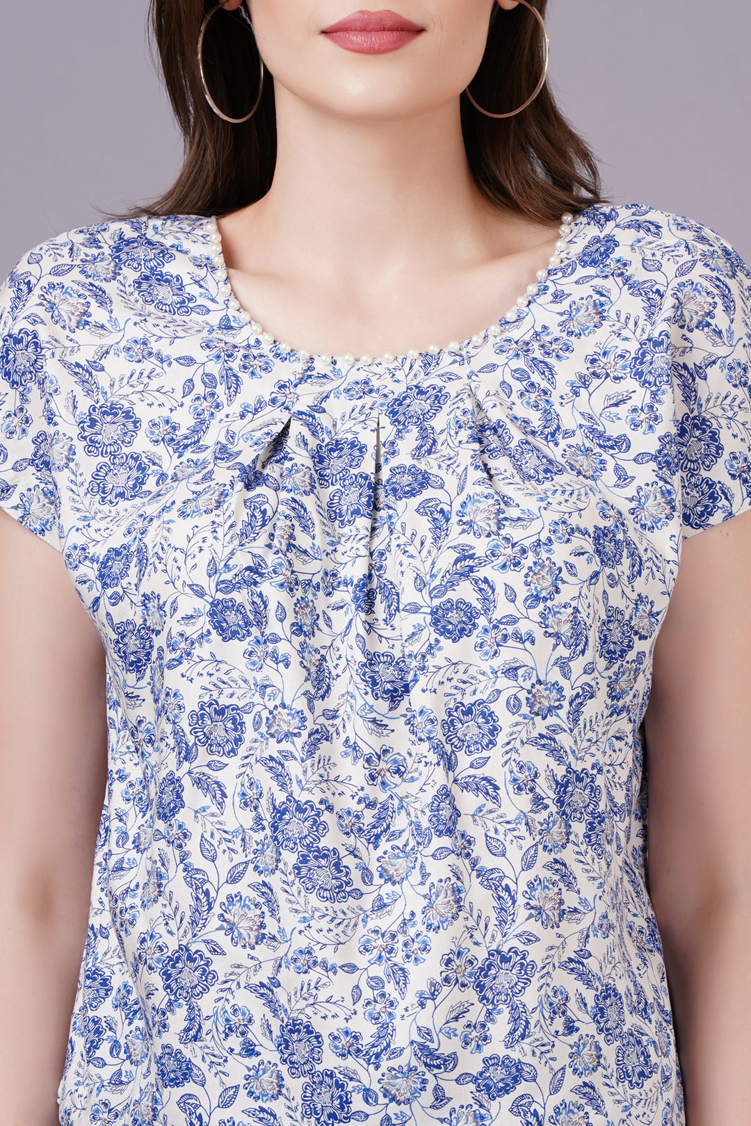 MINGLAY  Woman Blue Rayon Floral Print Short Sleeve Round Neck A-line Blouse