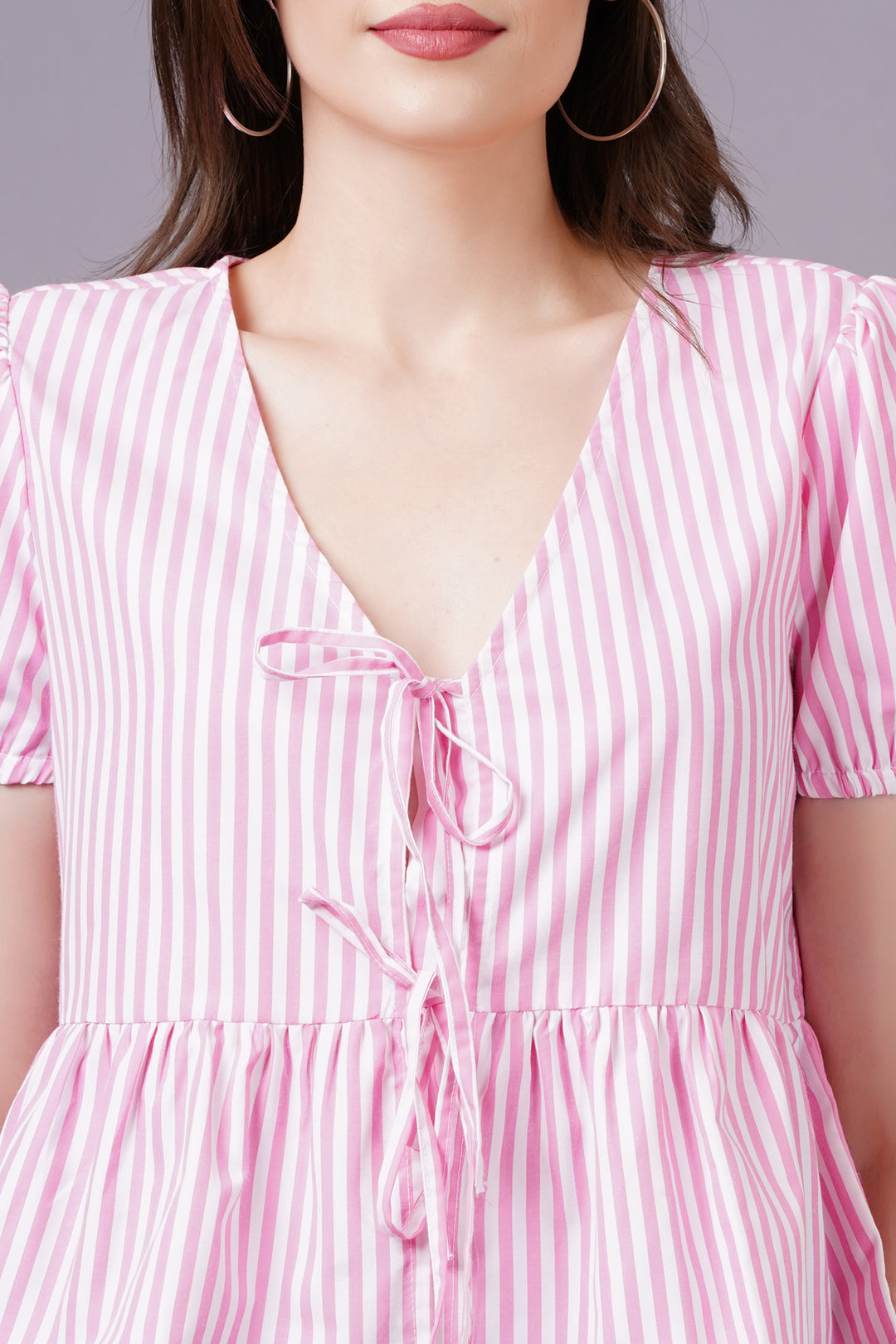 MINGLAY  Woman Pink Poly Cotton Stripe Half Sleeve V Neck A-line Blouse